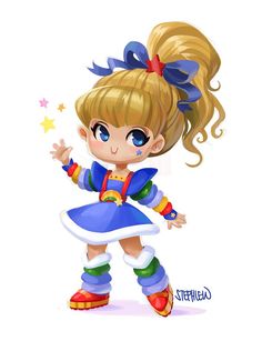 a cartoon girl with blonde hair and blue dress holding her hand out to the side