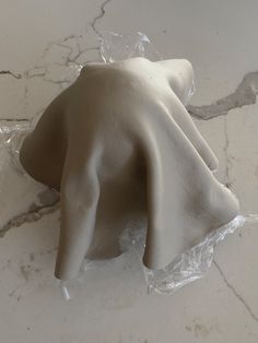 a white sculpture sitting on top of a marble counter next to a plastic wrapper