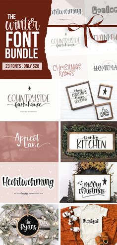 the winter font bundle includes hand lettering, christmas wreaths and other decorative items to make it