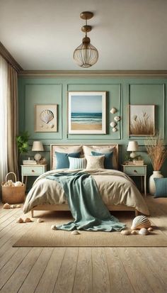 a bedroom with green walls and wooden floors is pictured in this image, there are seashells on the bed