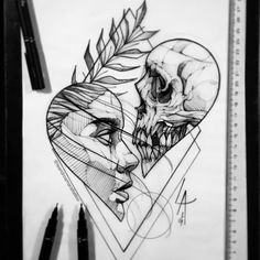 a pencil drawing of two skulls in a heart