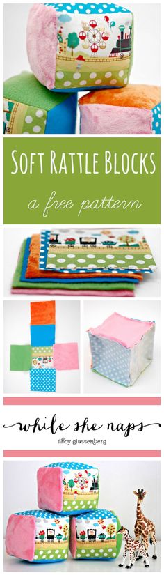 the instructions for how to sew soft rattle blocks in three different sizes and colors