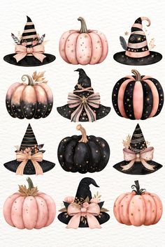 a bunch of pumpkins with hats on them