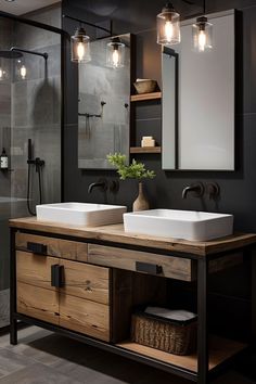 two white sinks sitting on top of a wooden counter in front of a shower stall