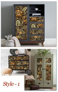 an image of a dresser with gold and black designs on the front, and side by side