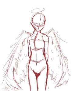 a drawing of an angel with wings on it's back and chest, standing in front of a white background