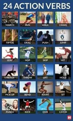 a poster with the words 24 action verbs on it and pictures of people doing different things