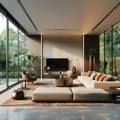 a modern living room with large windows and lots of furniture on the floor in front of it