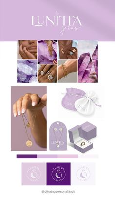 a brochure with purple and white designs on it's side, including jewelry