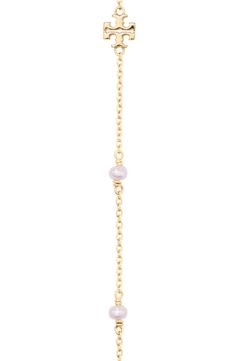 Cultured pearls and dainty logo charms make a sophisticated statement on this polished goldtone necklace. 16" length; 2" extender; 1/8" width Goldtone plate/cultured pearl Pearl size: 8mm Imported Dainty Logo, Bridal Store, Tory Burch Kira, Cultured Pearl Necklace, Bridal Stores, Pearl Size, Gold Pearl, Job Search, Cultured Pearls