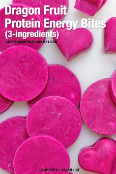 three ingredient dragonfruit protein water is shown in this image with hearts and stars