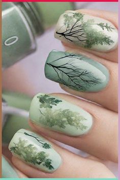 Spooky Nail Art Designs, Nature Green Nails, Natural Green Nails, Firefly Nails, Forest Nails Designs, Nature Inspired Nails, Woodland Nails, Nature Nails Designs, Forest Nail Art