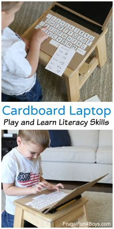 a young boy playing with a laptop computer on top of a wooden table next to a couch