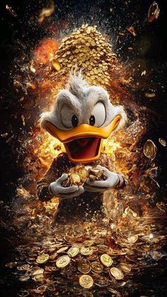 donald the duck is surrounded by gold coins and other things that are falling out of his mouth