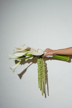 a person holding flowers in their hand on a white wall with no one around them