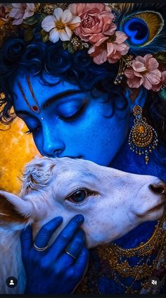 a painting of a woman with blue paint on her face kissing a white cow