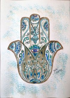 a drawing of a hamsa with blue and green designs on it's palm