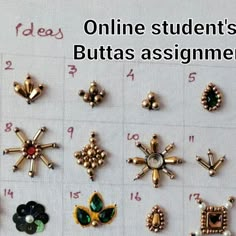 a bunch of different types of brooches on a white sheet with words that read online students'butas assignment