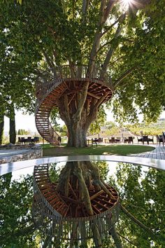 a tree that is in the middle of some water with a spiral staircase on it