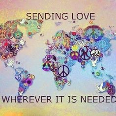 a world map with peace symbols on it and the words sending love wherever it's needed