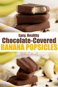 chocolate covered banana popsicles stacked on top of each other with bananas in the background