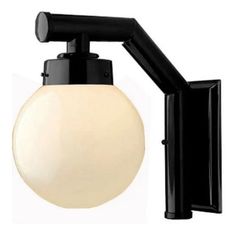 a black wall light with a white glass ball on the arm and an attached bulb