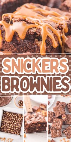 there is a brownie with caramel drizzle on top and the words snickkers brownies below it