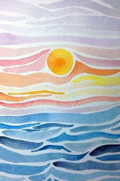 watercolor painting of sunset over the ocean