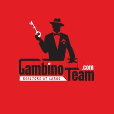 the logo for gambino team with a man in a suit holding a key