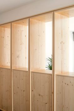 an empty room with wood paneling and plants