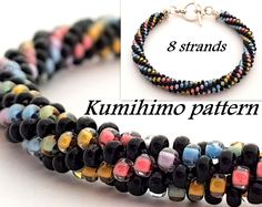 two strands of multicolored glass beads with silver clasps on each strand and the words kumiino pattern written below