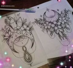 two sheets of paper with designs on them and a pen next to one that is drawing