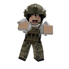 a paper toy soldier holding a box with his arms out to the side while wearing a helmet