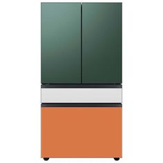 an orange and green refrigerator freezer sitting on top of a white counter next to a black cabinet