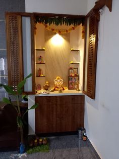 Simple Pooja Unit In Living Room, Home Mandir Designs Puja Room Simple, Dev Ghar Design In Kitchen, Simple Temple Design For Home, God Mandir, Hindu Altar, Dev Ghar, Mandir Designs, Simple Furniture Design