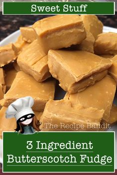 three ingredient butterscotch fudge recipe on a white plate with text overlay