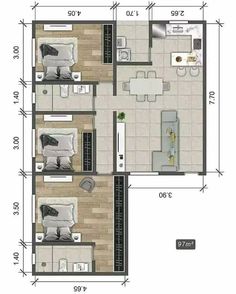 the floor plan for a two bedroom apartment with an attached kitchen and living room area