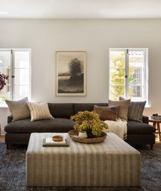 a living room filled with furniture and a coffee table in front of a large window