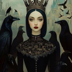 a woman wearing a crown surrounded by crows