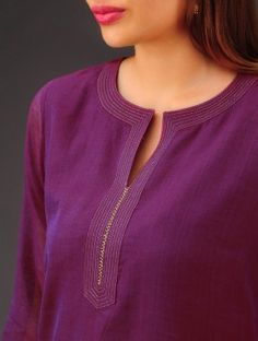 Purple Chanderi Zari Stitch Detailed Kurta Plain Kurti Designs, Kurti Neck Design, Desi Wear