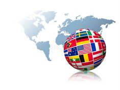 a globe with flags on it and the world map in the background stock photo - 959