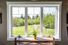 a vase with flowers sitting on top of a wooden table in front of a window