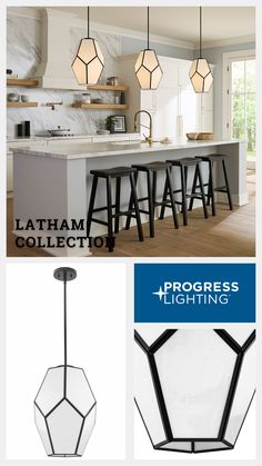 an advertisement for the lighting collection featuring pendant lights and stools in black, white, and