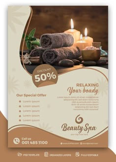 a flyer for a spa with candles and towels