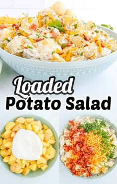 loaded potato salad with ranch dressing and sour cream in the middle, on a white table