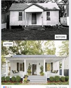 before and after pictures of a white house with porches on both sides, the front door is open