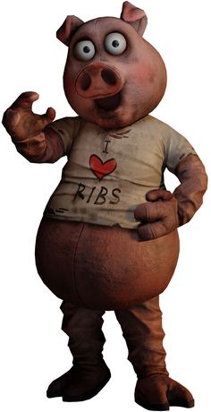 a cartoon pig is standing with his hands in the air and wearing a t - shirt that says i love ribs