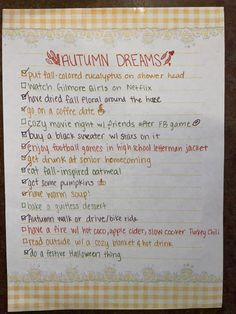 a piece of paper with writing on it that says autumn dreams and other things to do