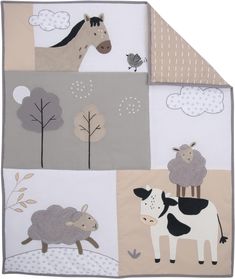 a baby blanket with animals and trees on the sides, including a horse, sheep, bird, and tree