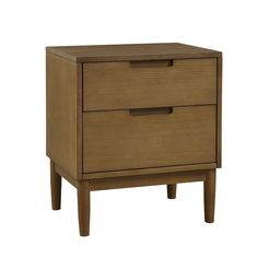 a wooden nightstand with two drawers on one side and an open drawer on the other